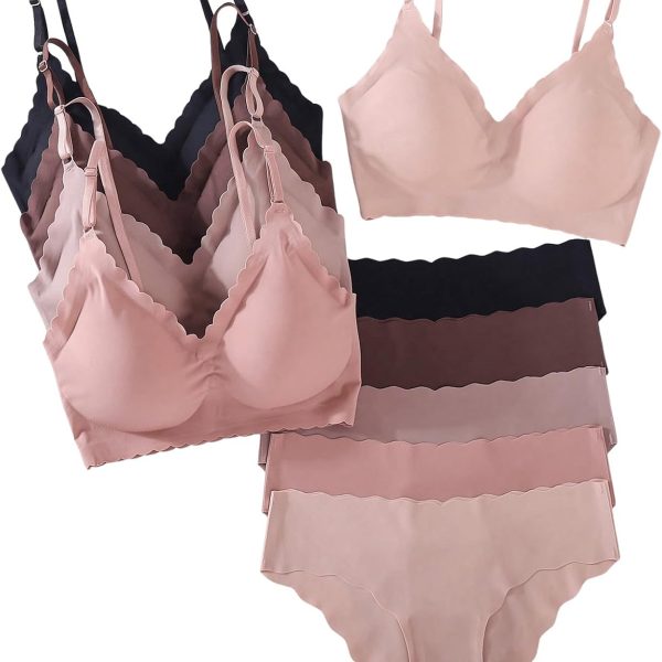 Women 5 Pack Seamless Lingerie Sets Scallop Trim Wireless s No Show Bra and Panty Sets Matching Underwear