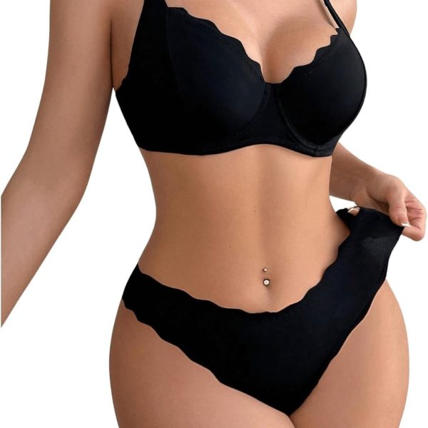Women 2 Piece Lingerie Sets Scallop Trim Lightly Lined Underwire Bra and Low Rise Briefs Underwear