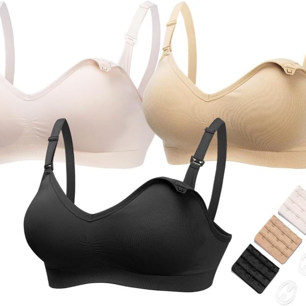 Maternity Nursing Bras for Breastfeeding, 3 Pack Pregnancy Deep V Neck Wireless Bra with Extenders & Clips