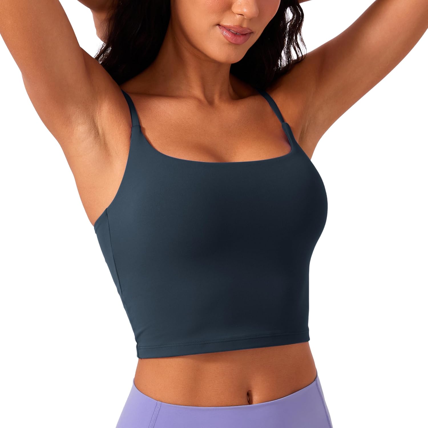 Women Scoop Neck Longline Sports Bra - U Back Adjustable Straps Workout Crop Tank Top with Built in Pads