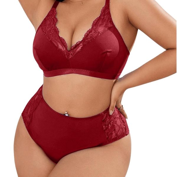Women Plus Size Lingerie Set Deep V Wireless Bra and Panty Set Lace Boudoir Outfits 2 Piece