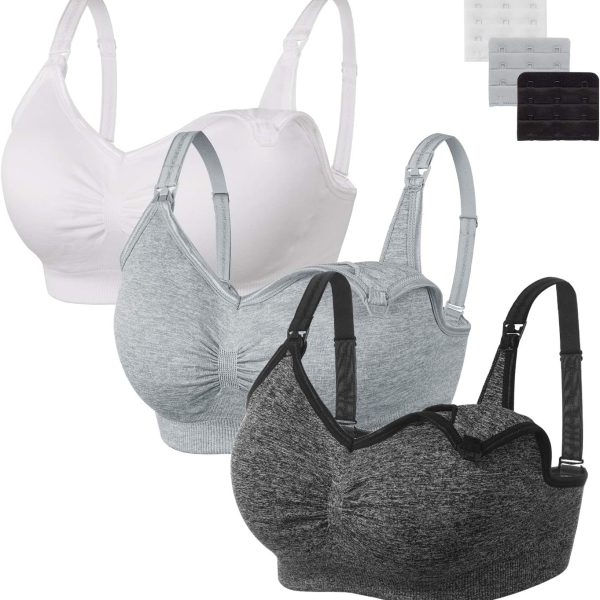 Women Seamless Sleep Nursing Bra,Breastfeeding Maternity Bra with Remove Bra Pads Extenders Pack of 3