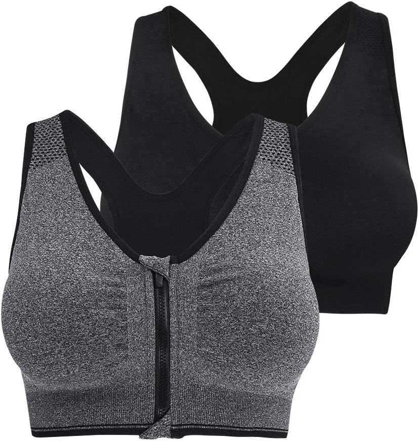 Women Zip Front Closure Sports Bra - Seamless Wirefree Post Surgery Zipper Padded Racerback Workout Gym Yoga Bras