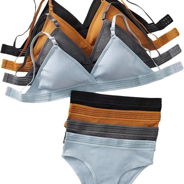 Women 4 Sets Ribbed Knit Lingerie Sets Wireless Bra and Panties Briefs Matching Underwear Sets