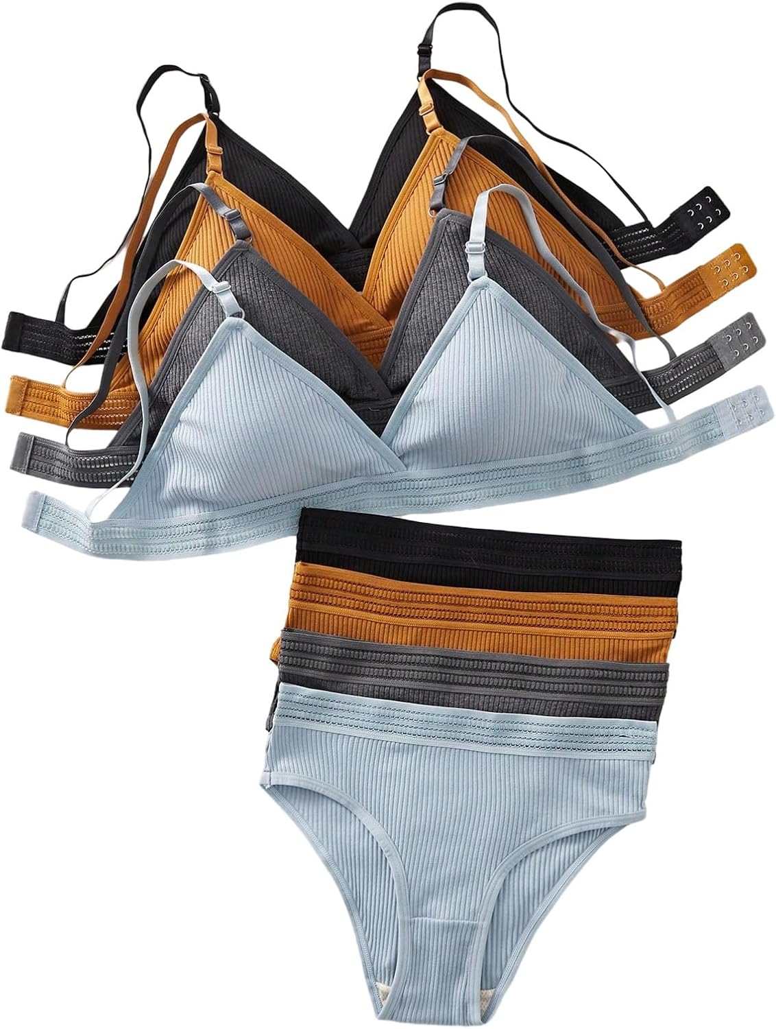 Women 4 Sets Ribbed Knit Lingerie Sets Wireless Bra and Panties Briefs Matching Underwear Sets