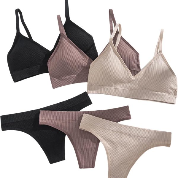 Women 6 Piece Ribbed Knit Lingerie Sets Seamless Wireless No Show Bra and Panty Thong Sets Matching Underwear Sets