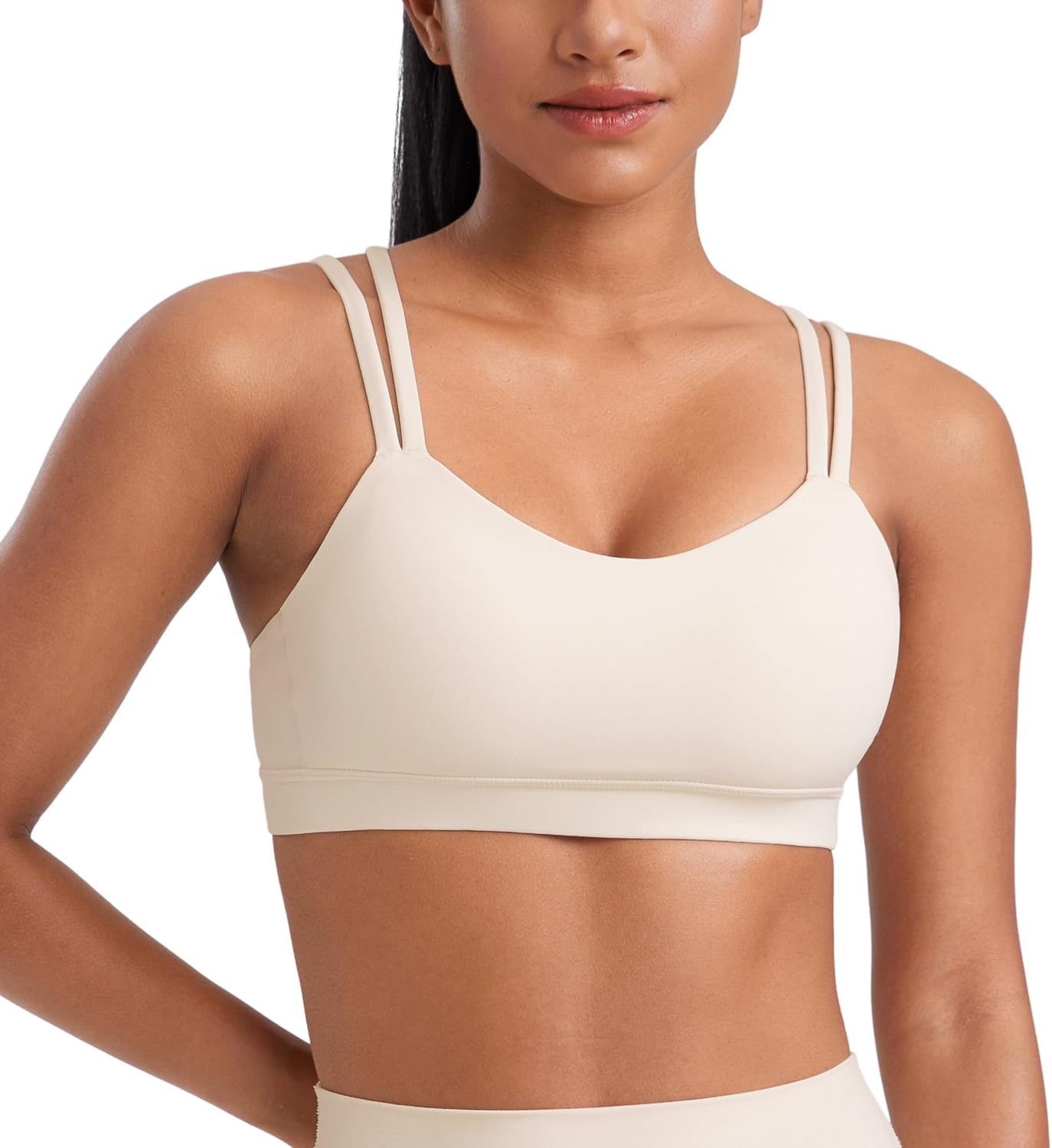 Softness Mold V Neck Sports Bras for Women - Workout Top Double Spaghetti Straps Wireless Yoga Clothes