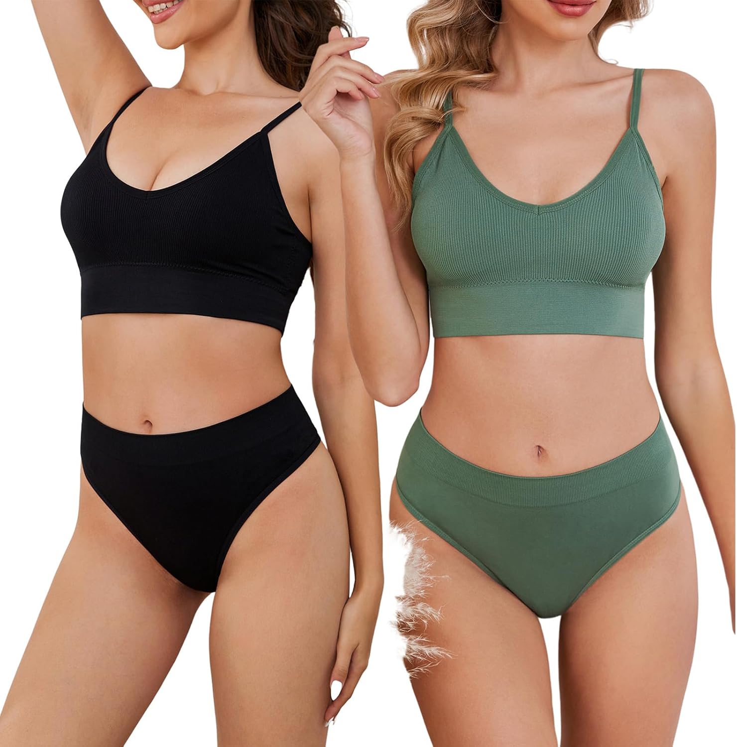 2 Pack Bra and Panty Sets for Women, Wireless Ribbed Knit Lingerie Set - Seamless Bra, Ribbed and Basics (2 Pack)