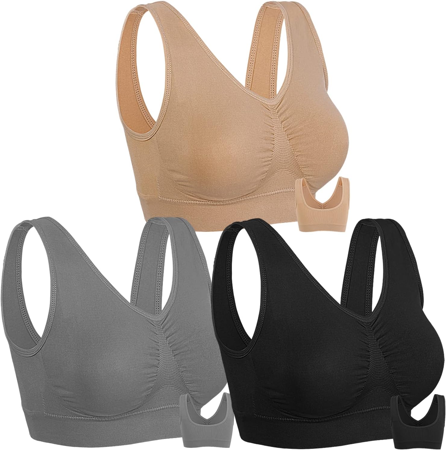 3 Pack Sports Bras for Women Wirefree Padded Workout Yoga Gym Fitness Bra Medium Support