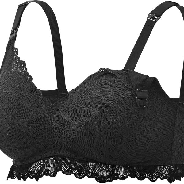 Lace Nursing Bra, Wirefree Padded Nursing Bras for Breastfeeding, V Neck Maternity Bra for Pregnancy, Soft Lace