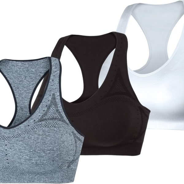 Women Sports Bra, Seamless Racerback Sports Bra, Moderate Support, Moisture-Wicking, 1 or 3 Pack